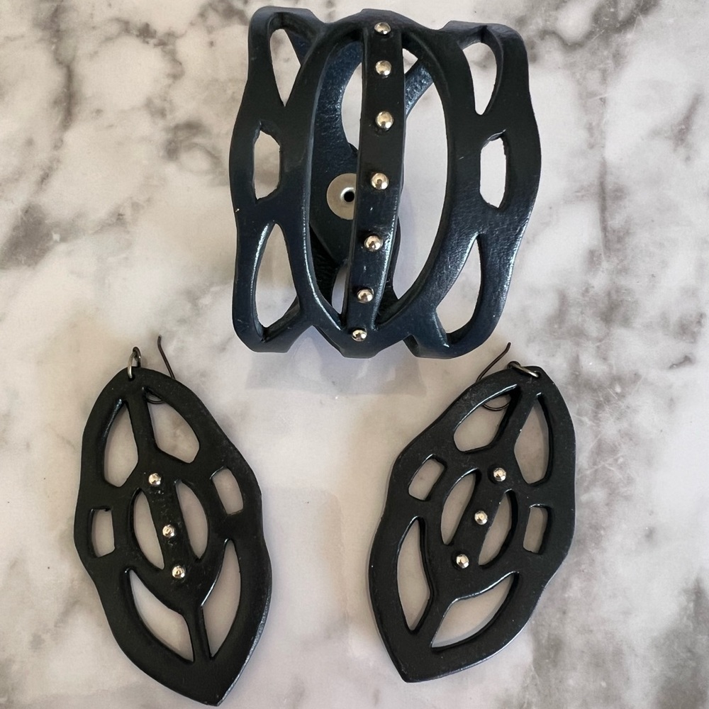 Black Leather Cutout Bracelet and Earring Set
